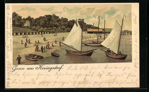 Lithographie Heringsdorf, Segelboote am Strand