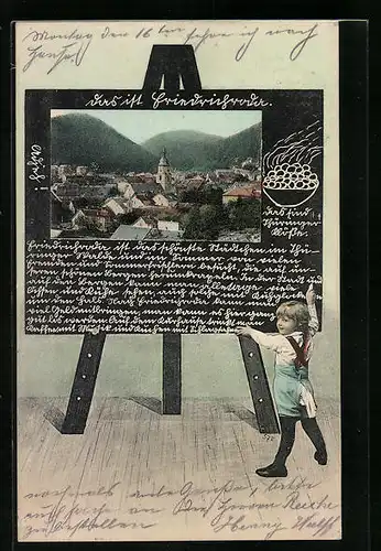 Schultafel-AK Friedrichroda, Teilansicht mit Kirche, Infotext