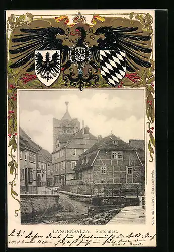 Passepartout-Lithographie Langensalza, Strassenpartie mit Blick zum Storchnest, Wappen