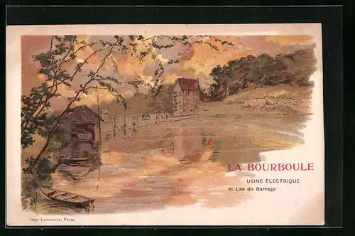 Künstler-AK La Bourboule, Usine Electrique et Lac du Barrage