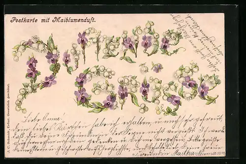 Duft-AK Grusskarte mit Maiblumenduft, Maiglöckchen und Krokos