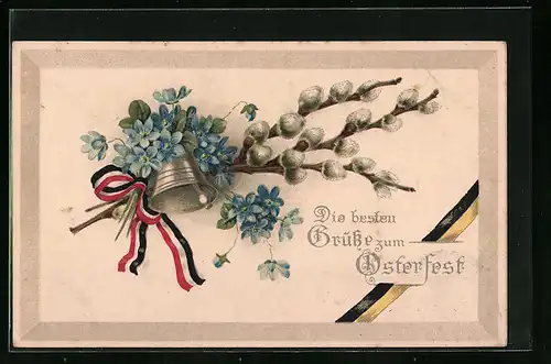 Künstler-AK Osterglocke mit Vergissmeinnicht und Weidenkätzchen in Farben des Zweibundes