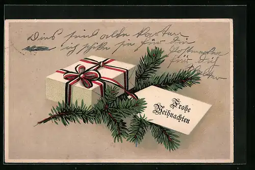 Präge-AK Weihnachtsgrüsse, Geschenk mit Tannenzweig in den Farben des Kaiserreichs