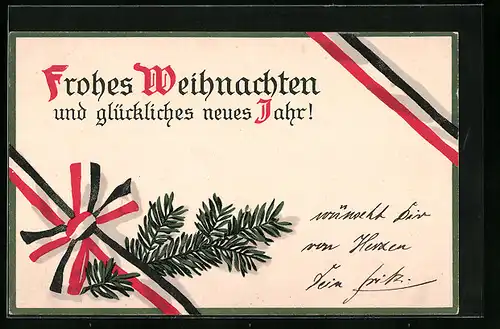 Künstler-AK Weihnachtsgrüsse, Tannenzweig mit Schleife in Farben des Kaiserreichs