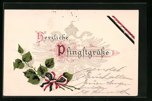 Künstler-AK Pfingstgrüsse, Birkenblätter mit Schleife in Farben des Kaiserreiches