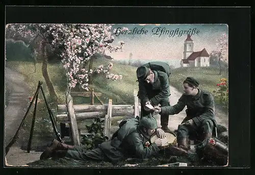Künstler-AK Pfingstgrüsse, Soldaten bei der Mittagspause neben einer blühenden Kirsche