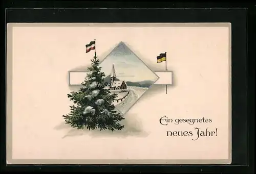 Präge-AK Neujahrsgrüsse, Verschneite Kapelle mit Tanne und Flaggen des Zweibunds