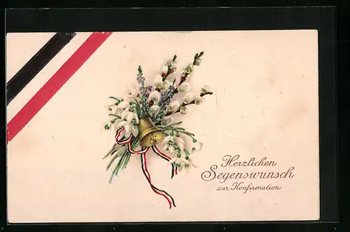 Künstler-AK Konfirmationsglückwunsch, Blumenstrauss mit Frühblühern und Schleife in Farben des Kaiserreichs