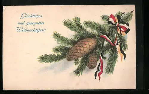 Künstler-AK Weihnachtsgrüsse, Tannenzweig und -zapfen mit Schleifen in Farben des Zweibundes
