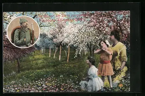 Künstler-AK Pfingstgrüsse, Familie in der Kirschblüte in Gedanken beim dienenden Vater