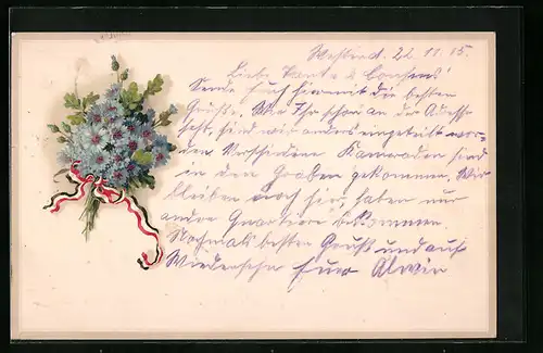 Künstler-AK Kornblumenstrauss mit Eichenlaub und Schleife in Farben des Kaiserreichs