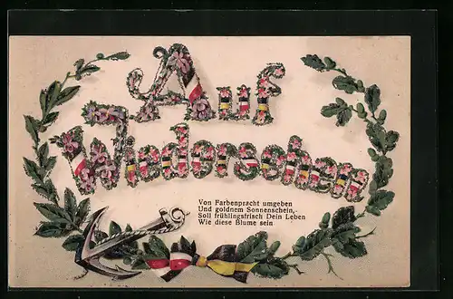 Präge-AK Abschiedskarte mit Lorbeer- und Eichenkranz mit Anker und Schleifen des Zweibunds