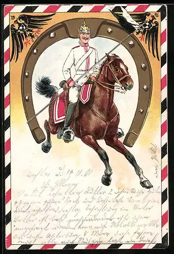 Lithographie Stattlicher Kavallerist in Uniform mit Lanze, gerahmt von einem Hufeisen