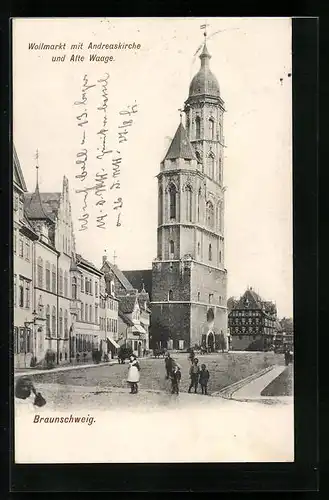 AK Braunschweig, Wollmarkt mit Andreaskirche und Alte Waage