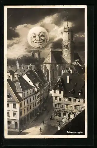 AK Memmingen, Ortsansicht aus der Vogelschau mit Mond