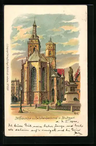 Lithographie Stuttgart, Stiftskirche u. Schillerdenkmal