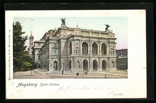 Goldfenster-AK Augsburg, Stadt-Theater mit leuchtenden Fenstern