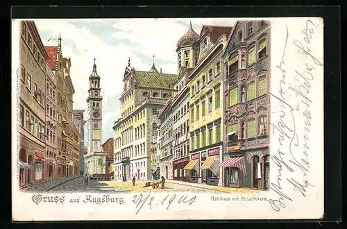 Lithographie Augsburg, Rathaus mit Perlachturm