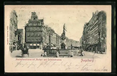 Relief-AK Augsburg, Maximilianstrasse mit Merkur- und Herkulesbrunnen