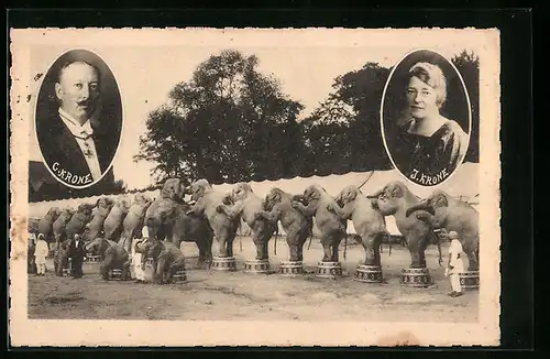 AK Zirkuselefanten des Zirkus Krone mit Porträts der Eigentümer
