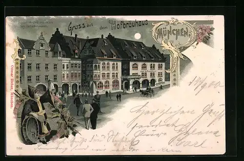 Lithographie München, Hofbräuhaus bei Nacht