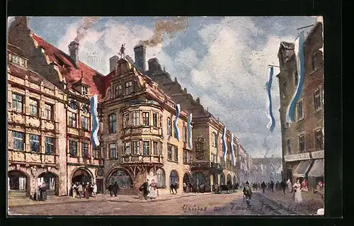 Künstler-AK München, Strassenpartie mit Münchner Hofbräuhaus