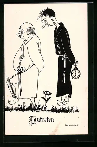 Künstler-AK Männer beim Tautreten, Die lustige Kneippkur
