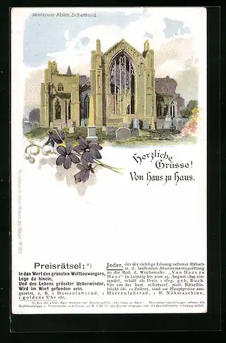Lithographie Melrose-Abtei, Schottland, Von Haus zu Haus, Zeitung