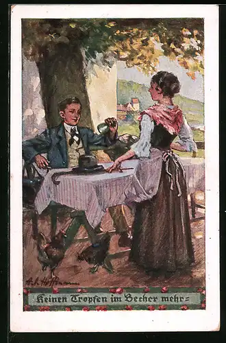 Künstler-AK Keinen Tropfen im Becher mehr, Gast beim Wein-Trinken