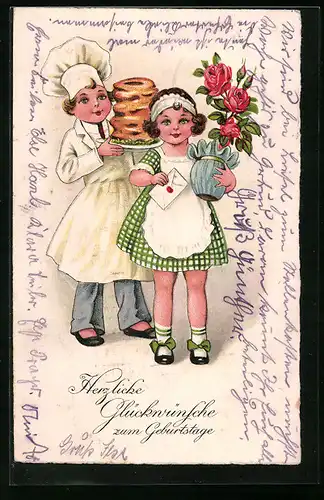Künstler-AK Glückwünsche zum Geburtstag, Kinder als Bäcker mit Kuchen