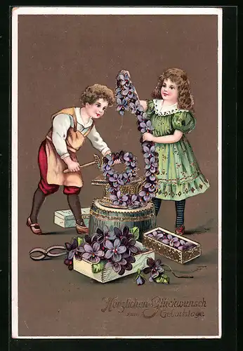 Künstler-AK Glückwunsch zum Geburtstag, Schmied mit Blumenkette