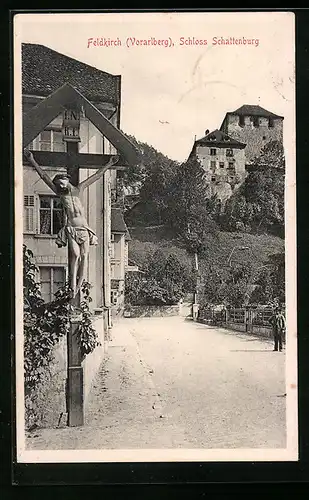 AK Feldkirch, Schloss Schattenburg mit Wegkreuz