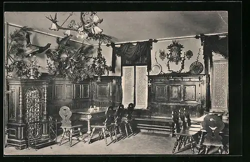 AK Gütle b. Dornbirn, Jagdzimmer mit Geweihen