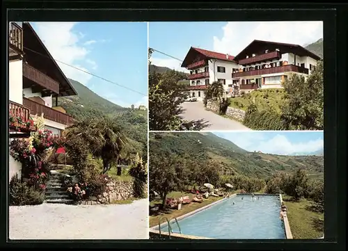 AK Algund bei Meran, Pension Schönblick mit Swimming Pool im Garten
