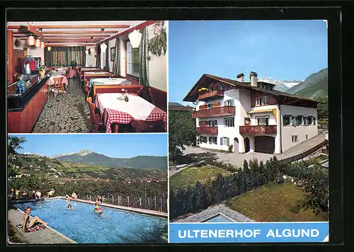 AK Algund bei Meran, Pension Ultenerhof aus der Vogelschau, Swimming Pool