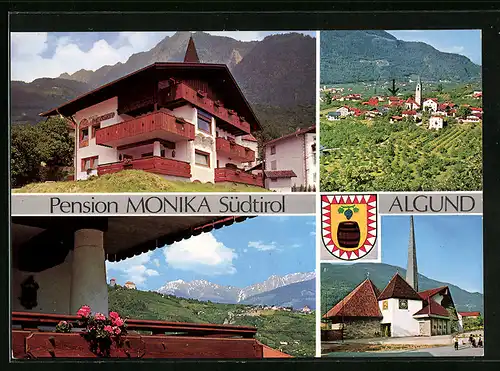 AK Algund bei Meran, Pension Monika, Ortsansicht, Wappen