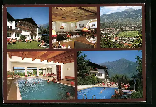 AK Marling bei Meran, Hotel Unterpazeider mit Speisesaal, Schwimmbad und Stadtpanorama