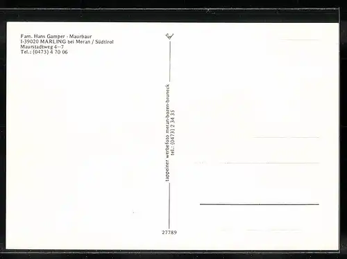 AK Marling bei Meran, Hotel der Fam. Hans Gamper - Maurbaur im Maurstadtweg 4-7