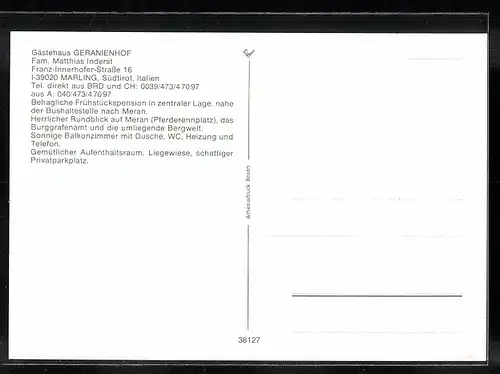 AK Marling bei Meran, Gasthaus Geranienhof in der Franz-Innerhofer-Strasse 16