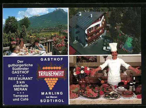 AK Marling bei Meran, Gasthof Traubenwirt aus der Vogelschau, Totalansicht