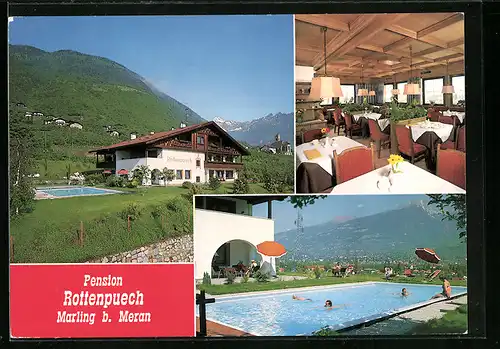 AK Marling bei Meran, Hotel-Pension Rottenpuech mit Innenansicht