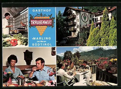 AK Marling bei Meran, Gasthof Traubenwirt in versch. Ansichten