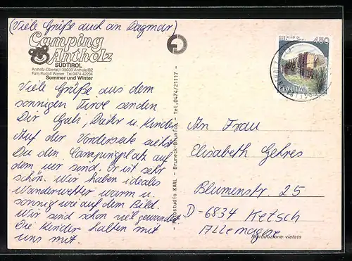AK Antholz-Obertal, Gasthaus und Campingplatz Antholz