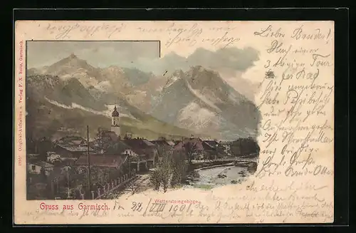 AK Garmisch, Teilansicht mit Kirche und Wettersteingebirge