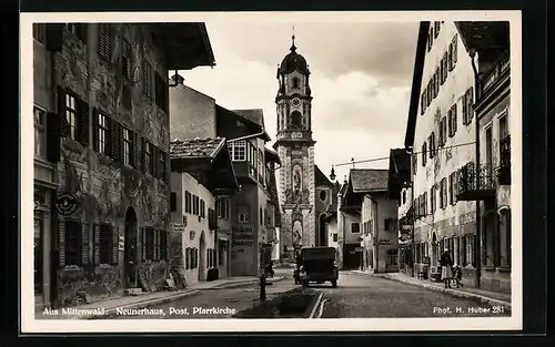 AK Mittenwald, Neunerhaus mit Post und Pfarrkirche