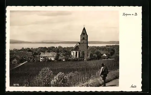 AK Hagnau a. B., Panorama des Ortes hinter Feldern