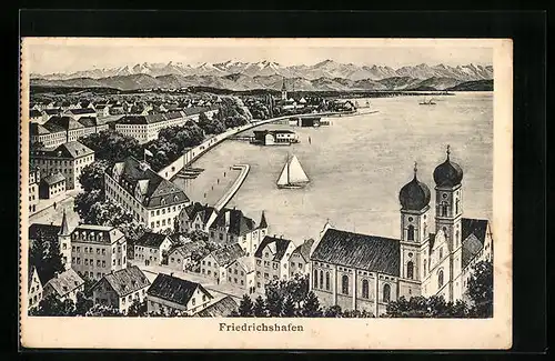 AK Friedrichshafen, Ortsansicht aus der Vogelschau mit Alpenpanorama