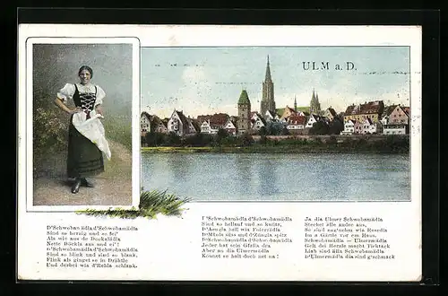 AK Ulm a. D., Panorama der Stadt, Schwabenmädla, Gedicht