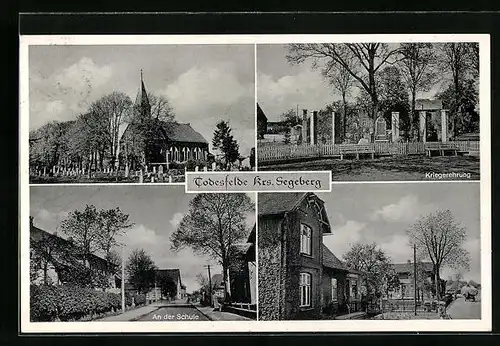 AK Todesfelde /Kr. Segeberg, Kirche, Partie an der Schule, Kriegerdenkmal