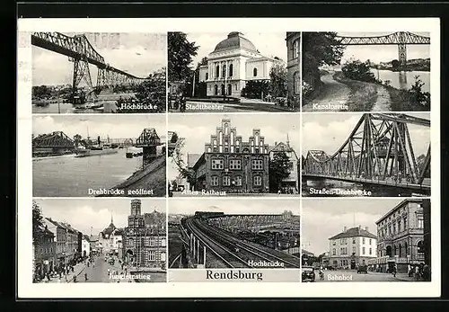 AK Rendsburg, Hochbrücke, Strassen-Drehbrücke, Jungfernstieg, Bahnhof